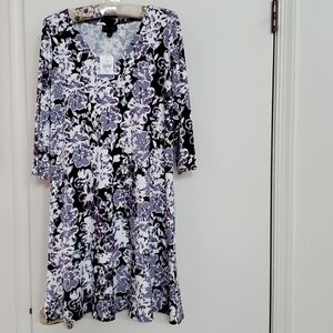 NWT J Jill black lavender purple cream floral v neck XS reg dress
